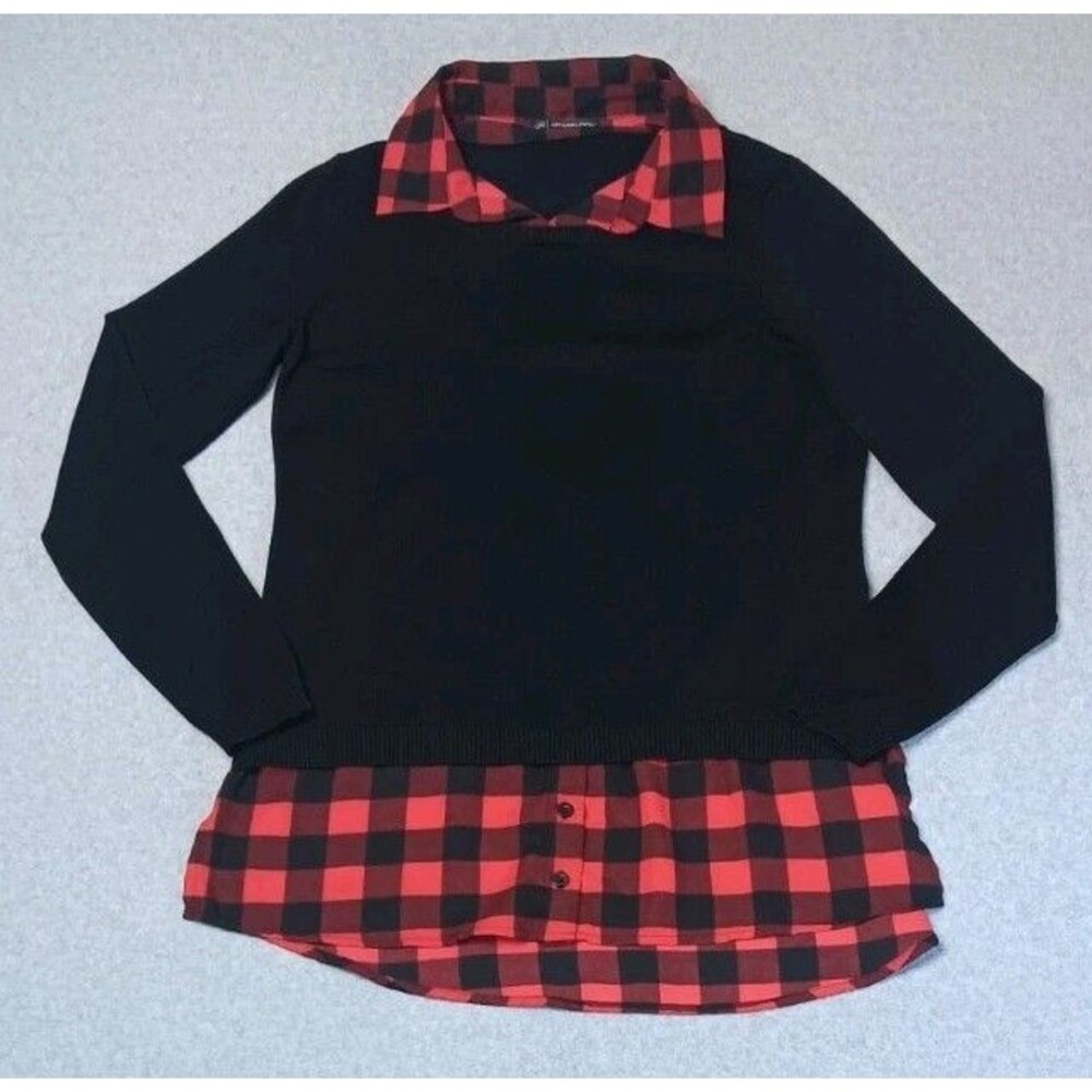 Adrianna Pappel Twofer Layered Sweater M Black Red Buffalo Plaid Dark Academia